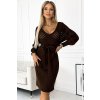 Prolamované svetrové šaty s výstřihem a zavazováním - čokoládová barva 507-3 (Velikost UNI, Barva Hnědá)