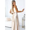 Numoco JULIET elegantní dlouhé saténové šaty s výstřihem a rozparkem u nohavic - béžové 512-3 (Velikost S, Barva Béžová)