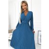 VIVIANA Plisované midi šaty s výstřihem, dlouhým rukávem a širokým páskem - JEANS 504-5 (Velikost UNI, Barva Modrá)