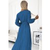 Numoco VIVIANA Plisované midi šaty s výstřihem, dlouhým rukávem a širokým páskem - JEANS 504-5 (Velikost UNI, Barva Modrá)