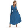 Numoco VIVIANA Plisované midi šaty s výstřihem, dlouhým rukávem a širokým páskem - JEANS 504-5 (Velikost UNI, Barva Modrá)
