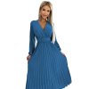 Numoco VIVIANA Plisované midi šaty s výstřihem, dlouhým rukávem a širokým páskem - JEANS 504-5 (Velikost UNI, Barva Modrá)