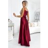 Numoco JULIET elegantní dlouhé saténové šaty s výstřihem a rozparkem u nohavic - Vínová barva 512-6 (Velikost S, Barva Bordó)