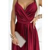 Numoco JULIET elegantní dlouhé saténové šaty s výstřihem a rozparkem u nohavic - Vínová barva 512-6 (Velikost S, Barva Bordó)