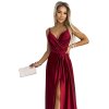 JULIET elegantní dlouhé saténové šaty s výstřihem a rozparkem u nohavic - Vínová barva 512-6 (Velikost S, Barva Bordó)