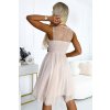 Tylové šaty s výstřihem a mašlí - béžové 523-3 (Velikost UNI, Barva Béžová)