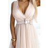 Tylové šaty s výstřihem a mašlí - béžové 523-3 (Velikost UNI, Barva Béžová)