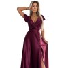 Numoco CRYSTAL saténové dlouhé šaty s výstřihem - Vínová barva 411-10 (Velikost XS, Barva Bordó)