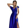CRYSTAL saténové dlouhé šaty s výstřihem - modrý 411-11 (Velikost XS, Barva Modrá)