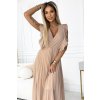 EMILY Plisované šaty s volánky na ramenou a výstřihu - béžové 315-6 (Velikost S, Barva Béžová)
