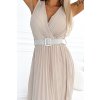 Numoco Plisované šaty s širokým páskem a výstřihem - béžové 546-1 (Velikost UNI, Barva Béžová)