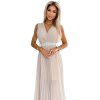 Numoco Plisované šaty s širokým páskem a výstřihem - béžové 546-1 (Velikost UNI, Barva Béžová)