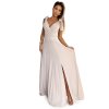 ELENA Dlouhé šaty s výstřihem a zavazováním na ramenou - béžová se třpytkami 405-6 (Velikost S, Barva Béžová)