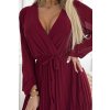 Numoco Plisované šifonové šaty s výstřihem, dlouhým rukávem a páskem na zavazování - vínové 537-1 (Velikost UNI, Barva Bordó)