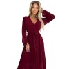 Numoco Plisované šifonové šaty s výstřihem, dlouhým rukávem a páskem na zavazování - vínové 537-1 (Velikost UNI, Barva Bordó)