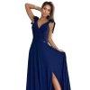 ELENA Dlouhé šaty s výstřihem a zavazováním na ramenou - tmavě modrá se třpytkami 405-5 (Velikost S, Barva Modrá)