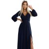 NELA lesklé dlouhé šaty s výstřihem a dlouhými rukávy - tmavě modré 572-1 (Velikost XS, Barva Modrá)