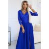 Numoco AMBER elegantní krajkové dlouhé šaty s výstřihem - modré 309-12 (Velikost S, Barva Modrá)