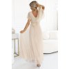 Numoco NASTIA Dlouhé šaty s výstřihem a krátkým rukávem - béžové 562-6 (Velikost UNI, Barva Béžová)