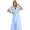 Numoco Dlouhé šaty s plisovaným výstřihem a zavazováním - světle modré 545-2 (Velikost UNI, Barva Modrá - světle)