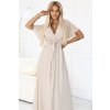 Numoco Dlouhé šaty s plisovaným výstřihem a zavazováním - béžové 545-3 (Velikost UNI, Barva Béžová)