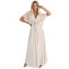 Numoco Dlouhé šaty s plisovaným výstřihem a zavazováním - béžové 545-3 (Velikost UNI, Barva Béžová)