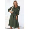 Numoco Midi košilové šaty se zlatými knoflíky a kravatou - KHAKI 531-5 (Velikost UNI, Barva Zelená)