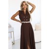 Elegantní midi košilové šaty se zlatými knoflíky a páskem - čokoládová 596-4 (Velikost UNI, Barva Hnědá)