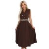 Elegantní midi košilové šaty se zlatými knoflíky a páskem - čokoládová 596-4 (Velikost UNI, Barva Hnědá)