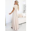 Numoco JENNIFER dlouhé šaty s rozparkem na nohavici, rukávy a výstřihem - béžové 581-6 (Velikost S, Barva Béžová)