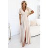 Numoco JENNIFER dlouhé šaty s rozparkem na nohavici, rukávy a výstřihem - béžové 581-6 (Velikost S, Barva Béžová)