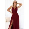 Numoco LEA dlouhé šaty s krajkovým výstřihem a rozparkem na nohavici - vínové 211-8 (Velikost S, Barva Bordó)