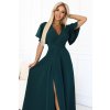 Numoco JENNIFER dlouhé šaty s rozparkem na nohavici, rukávy a výstřihem - lahvově zelené 581-8 (Velikost S, Barva Zelená)