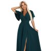 Numoco JENNIFER dlouhé šaty s rozparkem na nohavici, rukávy a výstřihem - lahvově zelené 581-8 (Velikost S, Barva Zelená)