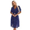 Numoco Smyslné šaty s bílými puntíky, zavinovacím výstřihem a ozdobným páskem - tmavě modré 604-4 (Velikost UNI, Barva Modrá)