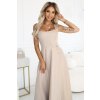 Numoco AURELIA dlouhé šaty s rozparkem a diamantovým výstřihem - béžové s třpytkami 633-1 (Velikost S, Barva Béžová)