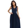 Numoco LEA Dlouhé elegantní maxi šaty s krajkovým vrškem a rozparkem na nohavici - tmavě modré 215-6 (Velikost S, Barva Modrá)