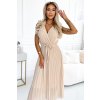 MIRABELLA Plisované šifonové midi šaty s výstřihem a jemnými volánky - béžové 549-1 (Velikost UNI, Barva Béžová)
