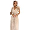 MIRABELLA Plisované šifonové midi šaty s výstřihem a jemnými volánky - béžové 549-1 (Velikost UNI, Barva Béžová)