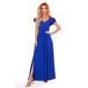 LIDIA dlouhé šaty s výstřihem a volánkami - Modré 310-3 (Velikost S, Barva Modrá)