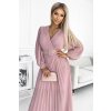 KLARA řasené šaty s páskem a výstřihem - pudrově růžové 414-2 (Velikost UNI, Barva Růžová)