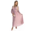 KLARA řasené šaty s páskem a výstřihem - pudrově růžové 414-2 (Velikost UNI, Barva Růžová)