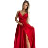 Numoco JULIET elegantní dlouhé saténové šaty s výstřihem a rozparkem u nohavic - červené 512-5 (Velikost L, Barva Červená)