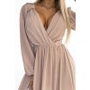 Numoco MILA Šifonové midi šaty s dlouhým rukávem a výstřihem - béžová barva 538-1 (Velikost S, Barva Béžová)
