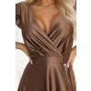 Numoco CRYSTAL saténové dlouhé šaty s výstřihem - mocha mousse 411-14 (Velikost XS, Barva Hnědá)