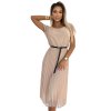 Plisované midi šaty s černým páskem - béžové 548-1 (Velikost UNI, Barva Béžová)