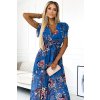 ARIA Dlouhé šaty s výstřihem a krátkým rukávem - modré s květinami 473-1 (Velikost UNI, Barva Modrá)