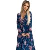Plisované šifonové dlouhé šaty s výstřihem, dlouhým rukávem a páskem - Modrá s květinami 519-3 (Velikost UNI, Barva Modrá)