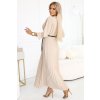 SERENA Plisované maxi šaty s výstřihem, páskem a 3/4 rukávy - TMAVĚ BÉŽOVÉ 462-5 (Velikost UNI, Barva Béžová)