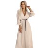 SERENA Plisované maxi šaty s výstřihem, páskem a 3/4 rukávy - TMAVĚ BÉŽOVÉ 462-5 (Velikost UNI, Barva Béžová)